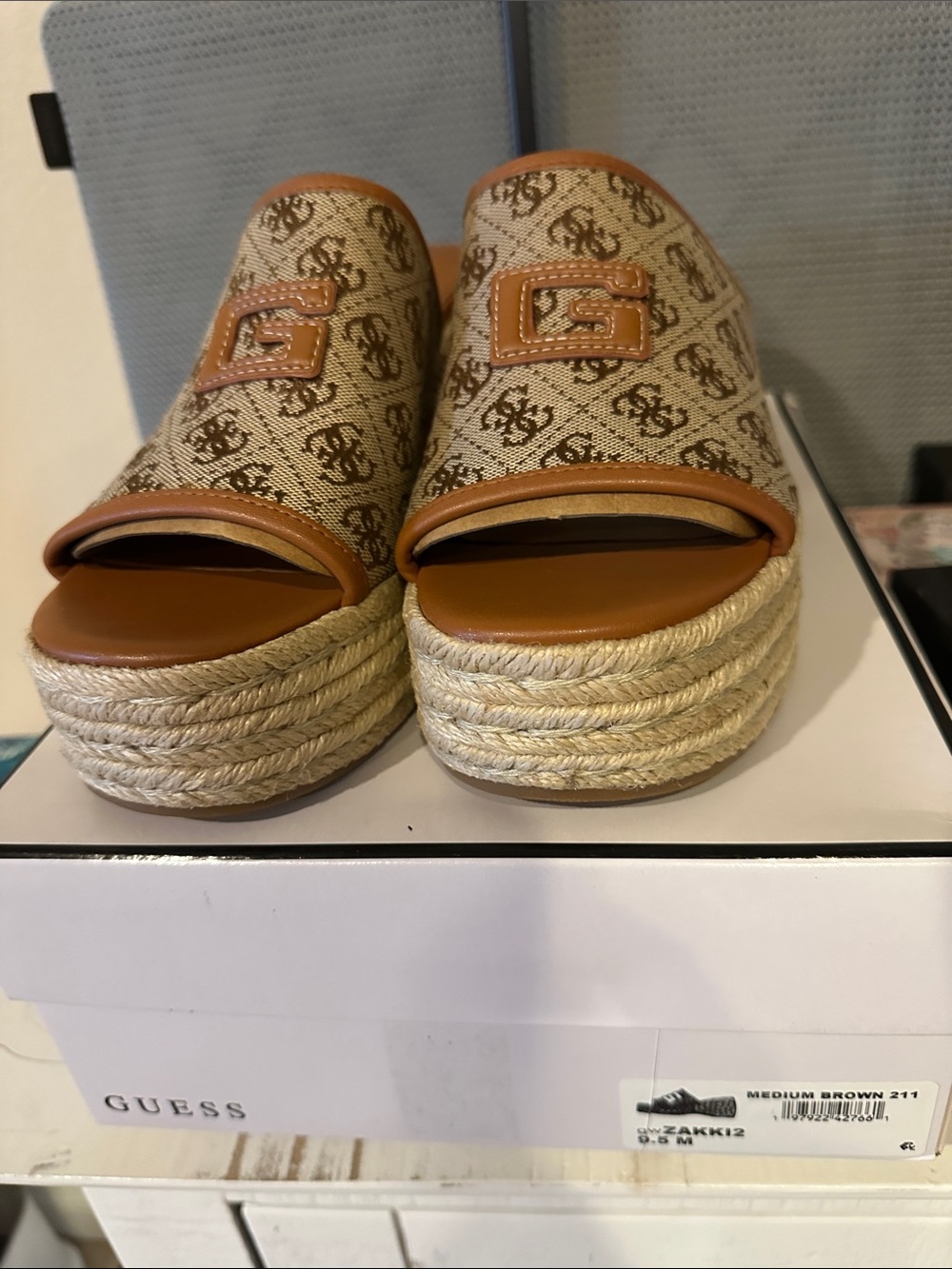 GUESS Brown Monogram Espadrille Platform Slide Mules